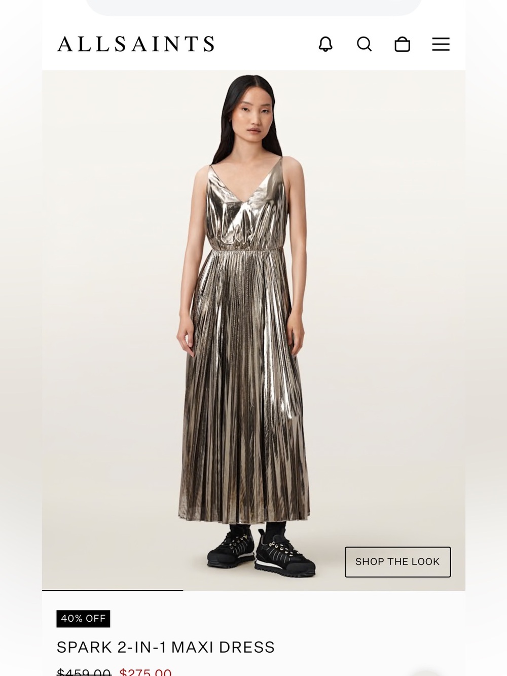 All Saints Metallic Pleated Maxi Dress
